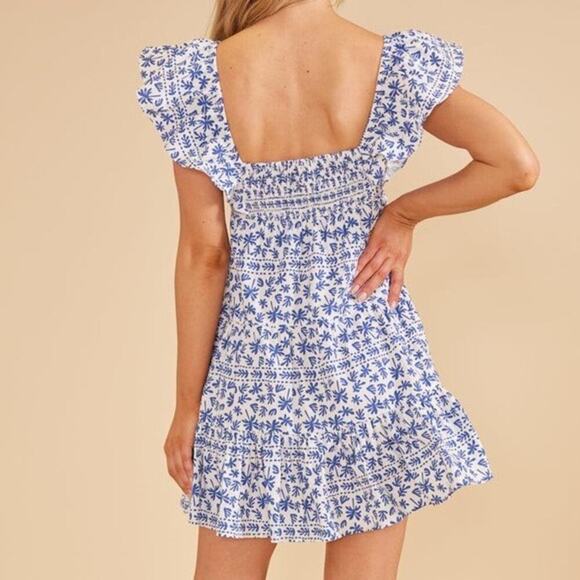 MINKPINK Ithica Ruffled Blue White Mini Design Dress Size Extra Small Flawed - Picture 2 of 7